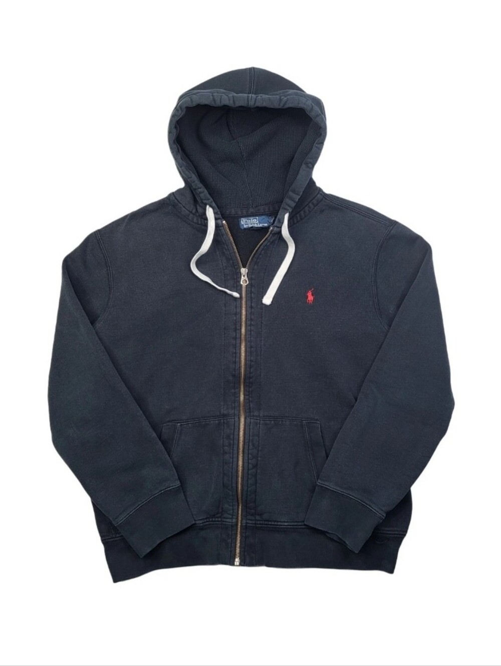 Vintage Polo Ralph Lauren Hoodie Mens 2XL Black Heavy Full Zip Thermal Fade Y2K